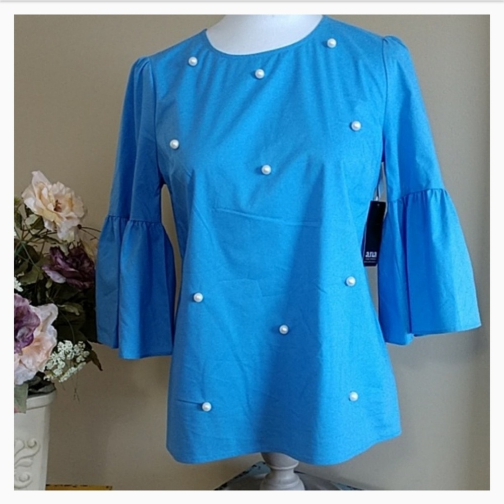 NEW a.n.a Blouse Faux Pearls Pullover Top Stretch Bell 3/4 Slve Cotton Blend Sm - Picture 9 of 14